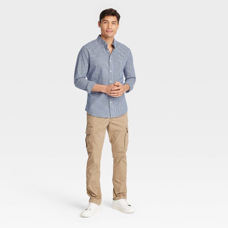 slide 3 of 3, Men's Every Wear Long Sleeve Button-Down Shirt - Goodfellow & Co™ Navy Gingham XXL: Cotton Blend, Slim Fit, Front Pocket, 1 ct