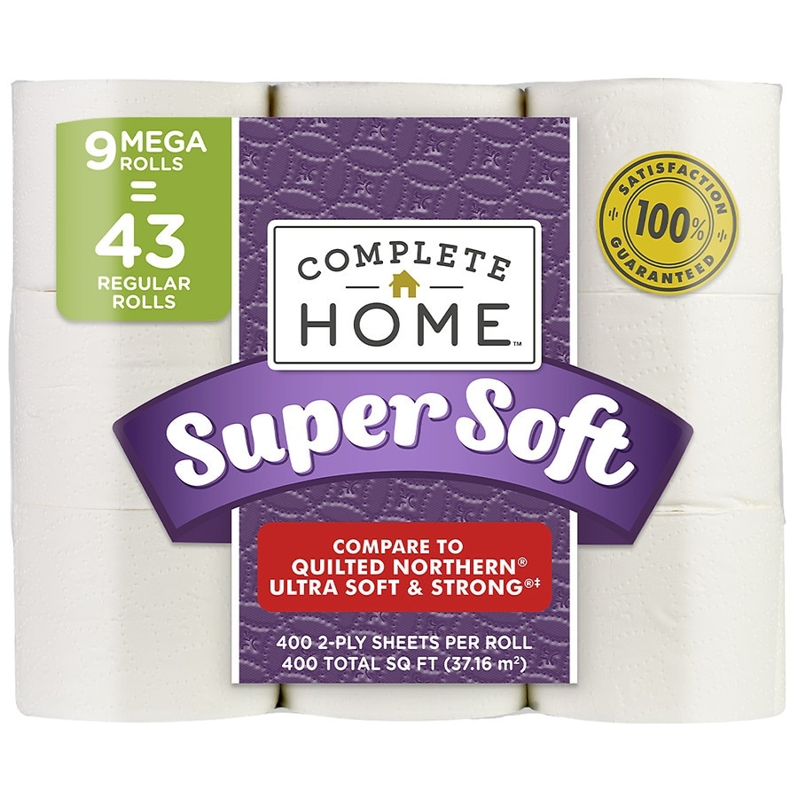 slide 1 of 1, Complete Home Super Soft Toilet Paper 9 Rolls  sheets per roll;, 9 ct; 400 4" x 4"