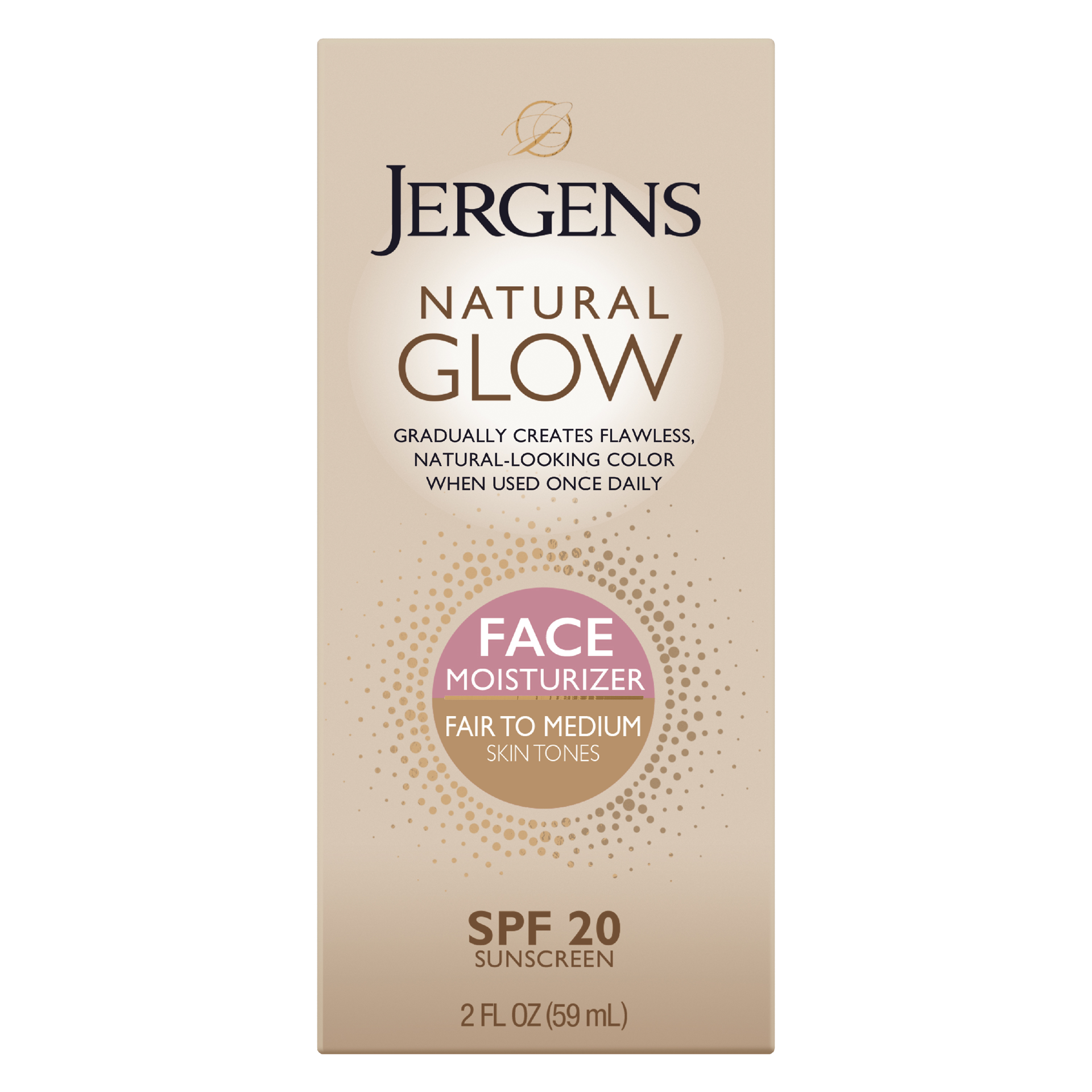slide 1 of 5, Jergens Natural Glow SPF 20 Face Moisturizer, Self Tanner, Fair to Medium Skin Tone, Sunless Tanning, Daily Facial Sunscreen, 2 oz, Oil Free, Broad Spectrum Protection UVA and UVB (Packaging May Vary), 2 fl oz