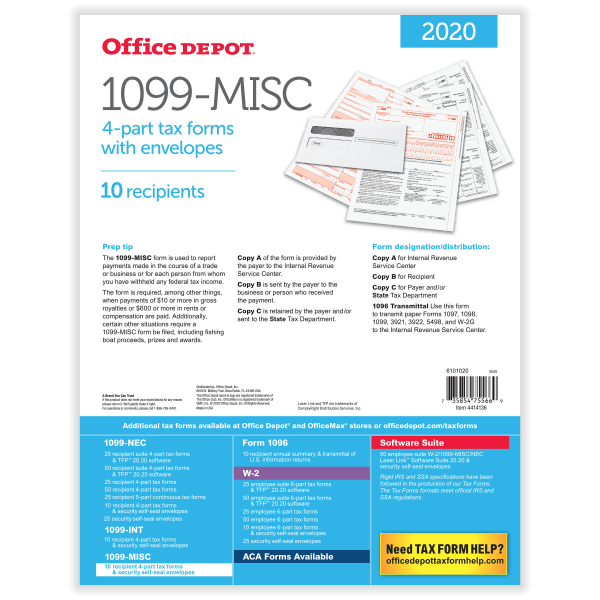 slide 2 of 4, Office Depot Brand 1099-Misc Laser Tax Forms And Envelopes, 4-Part, 8-1/2'' X 11'', Pack Of 10 Forms, 10 ct