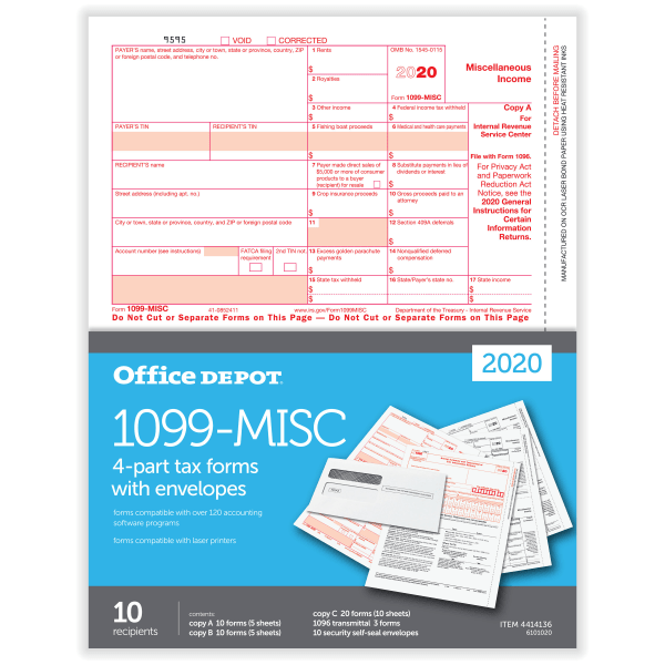 slide 1 of 4, Office Depot Brand 1099-Misc Laser Tax Forms And Envelopes, 4-Part, 8-1/2'' X 11'', Pack Of 10 Forms, 10 ct