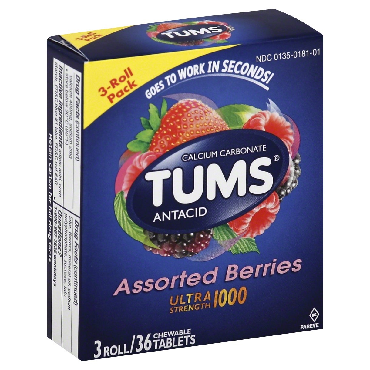 slide 1 of 1, Tums Ultra Strength 1000 Assorted Berries Antacid with Calcium Chewable Tablets, 36 ct