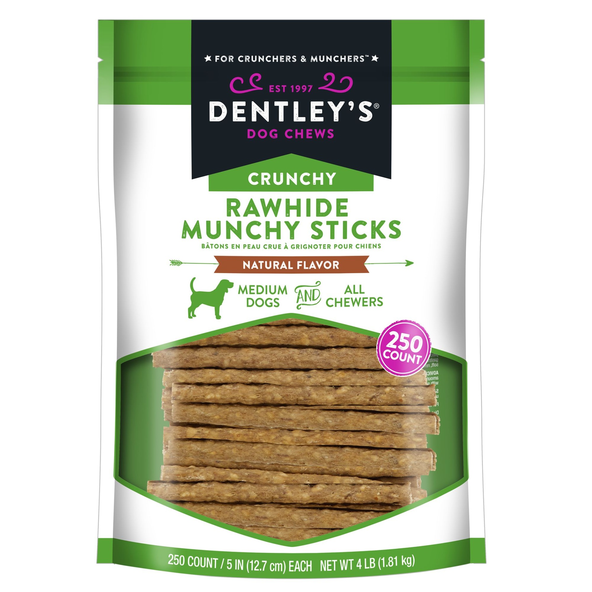 slide 1 of 1, Dentley's Crunchy Rawhide Munchy Sticks Dog Chew - 250 Count, 250 ct