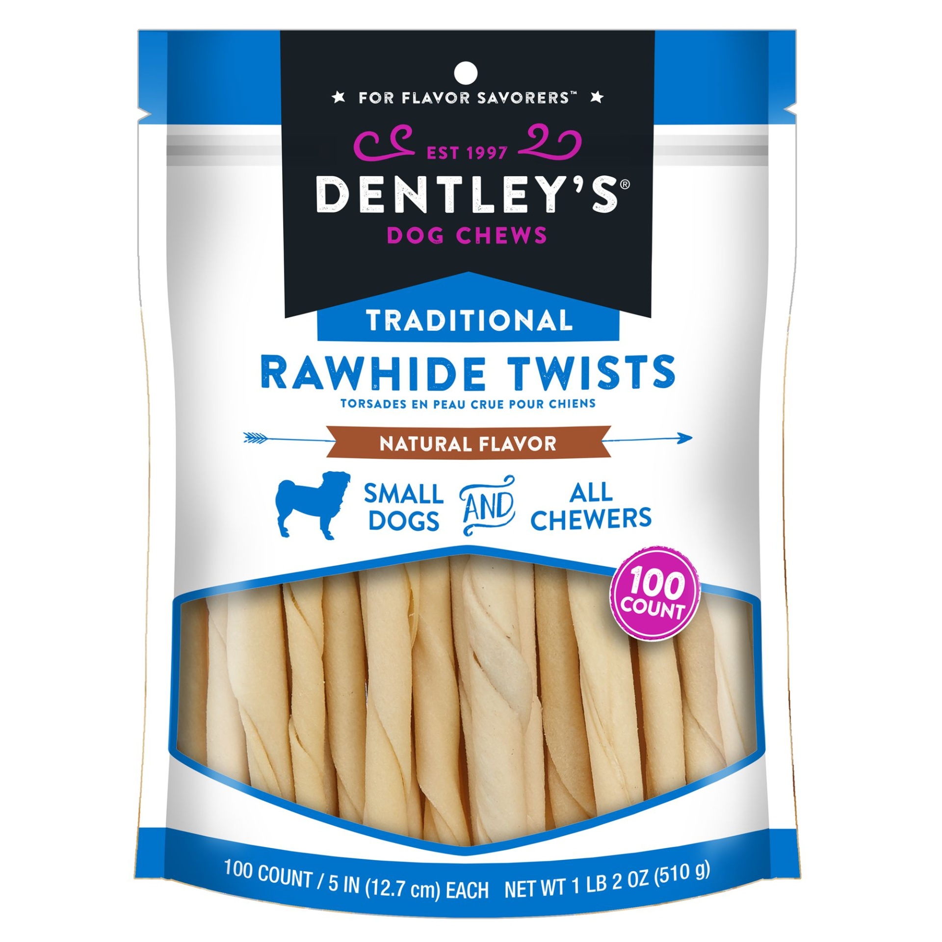 slide 1 of 1, Dentley's Traditional 5 Rawhide Twists Dog Chew - 100 Count", 100 ct