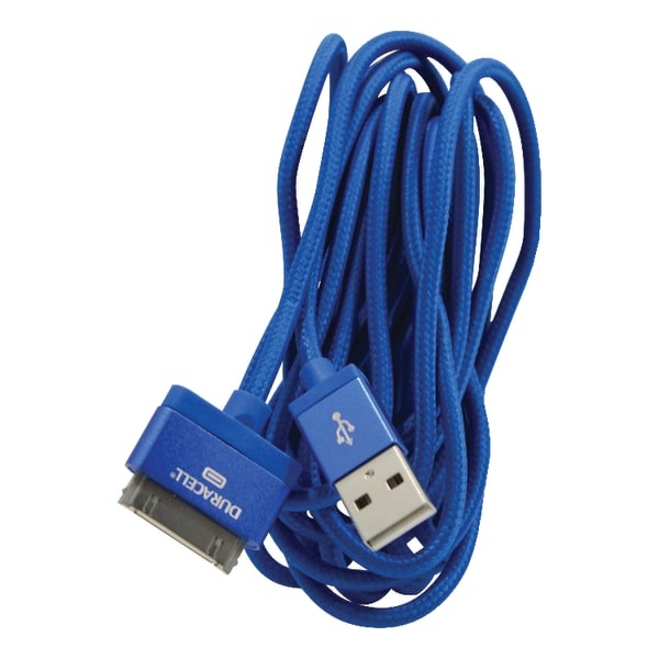 slide 1 of 1, Duracell Sync & Charge 30-Pin Usb Cable, 10', Blue, 1 ct