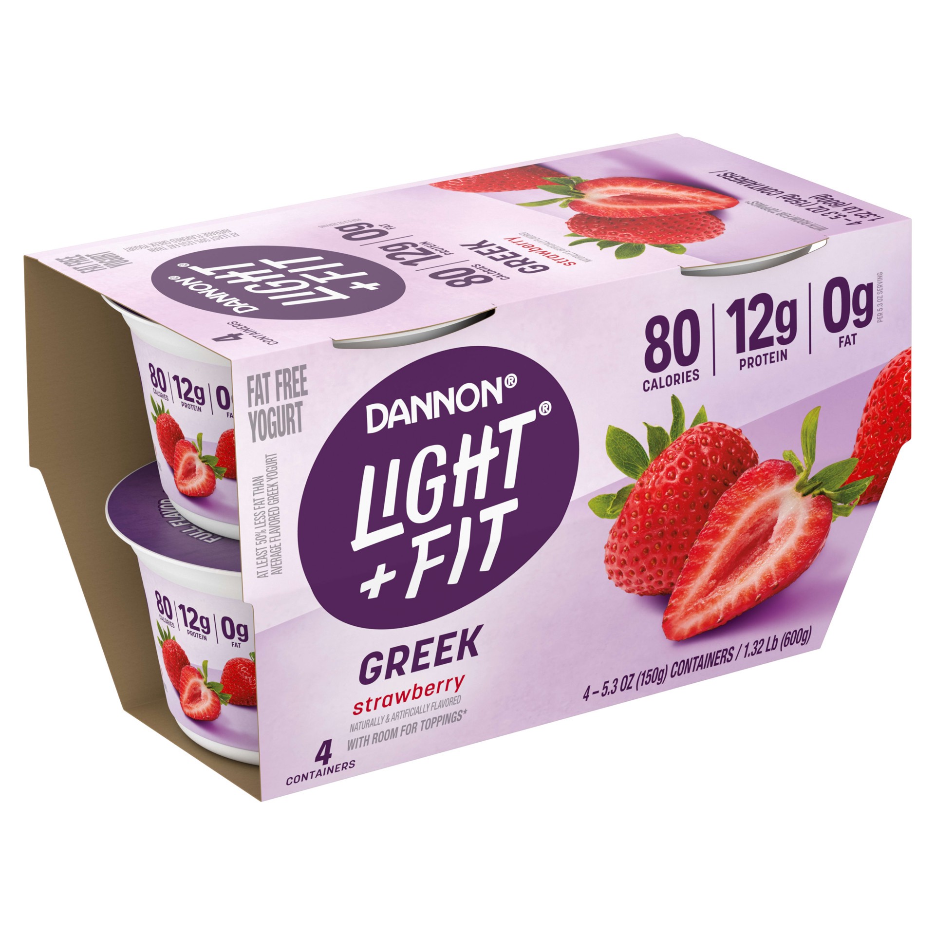 slide 2 of 5, Light + Fit Dannon Light + Fit Greek Strawberry Fat Free Yogurt, Creamy and Delicious Gluten Free, 4 Ct, 5.3 OZ Cups, 5.3 oz