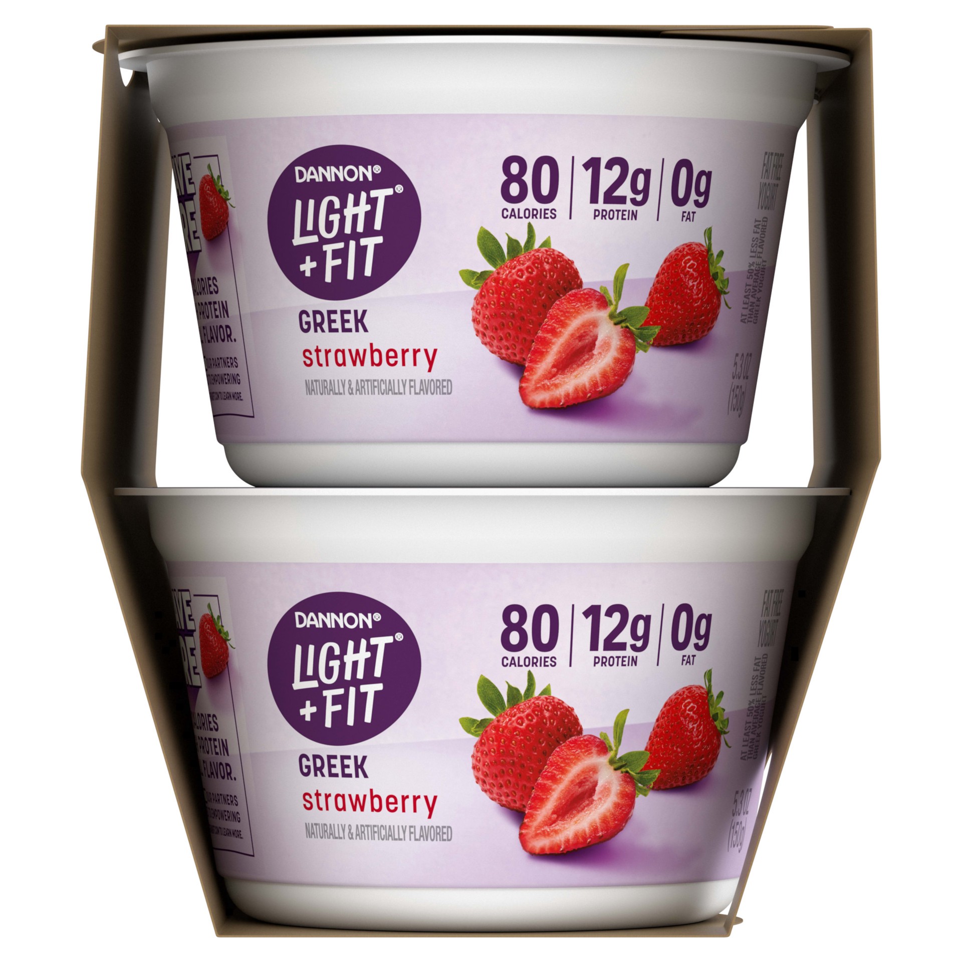 slide 3 of 5, Light + Fit Dannon Light + Fit Greek Strawberry Fat Free Yogurt, Creamy and Delicious Gluten Free, 4 Ct, 5.3 OZ Cups, 5.3 oz