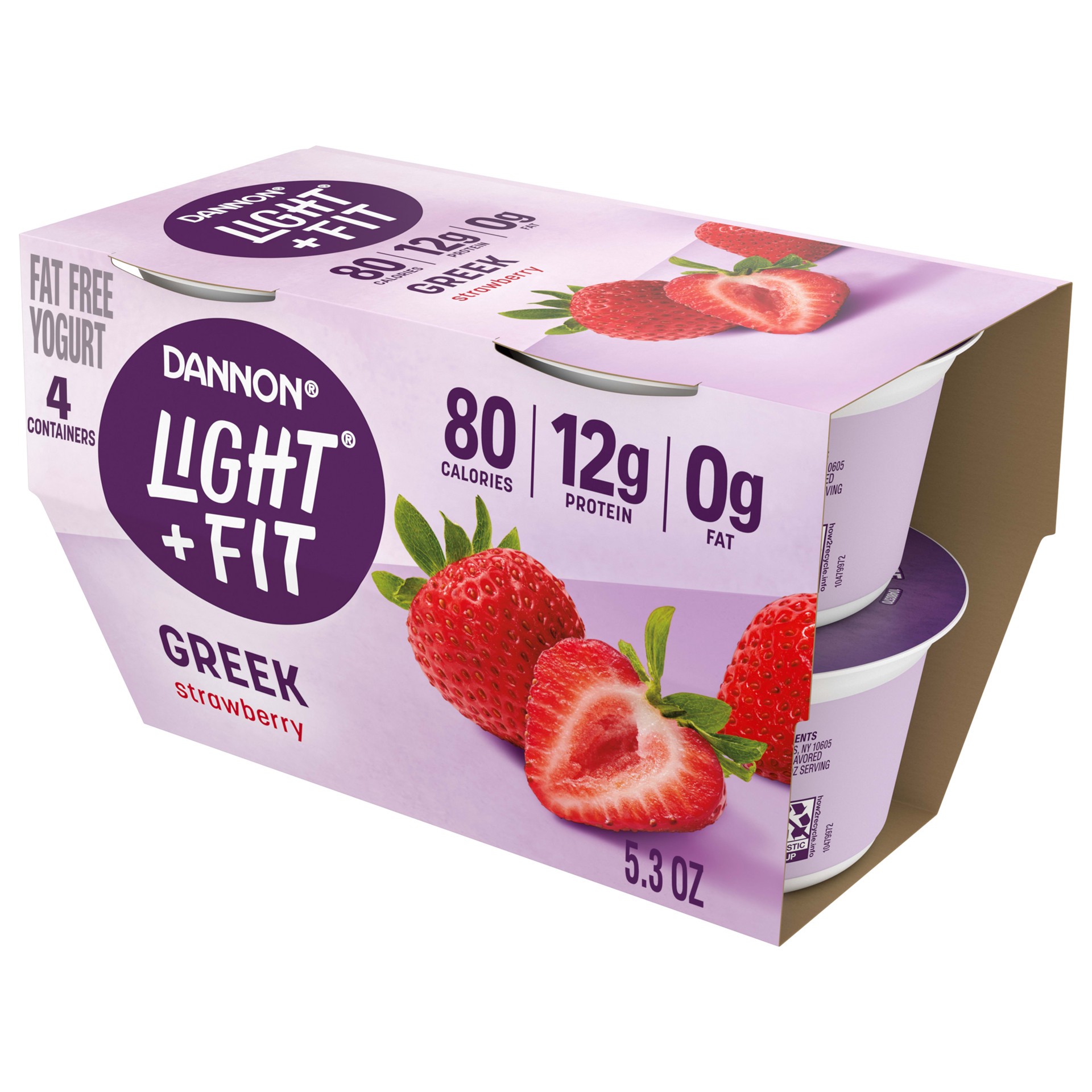 slide 1 of 5, Light + Fit Dannon Light + Fit Greek Strawberry Fat Free Yogurt, Creamy and Delicious Gluten Free, 4 Ct, 5.3 OZ Cups, 5.3 oz