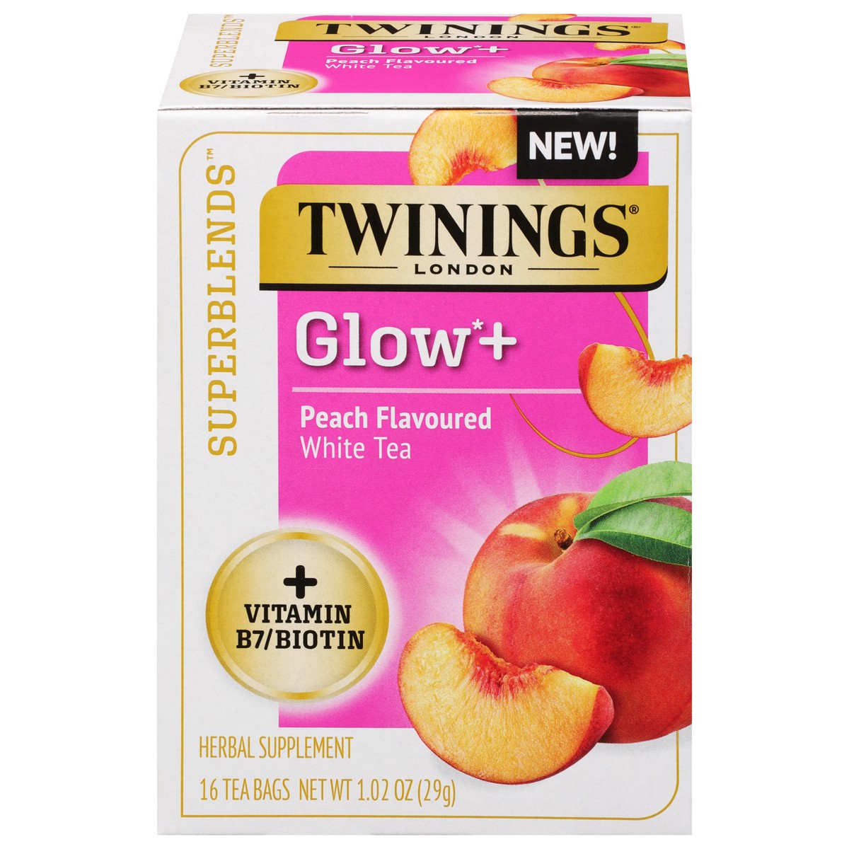 slide 1 of 9, Twining Tea Superblends Glow Peach Flavoured White Tea With Vitamin B7 & Biotin - 16 ct, 16 ct