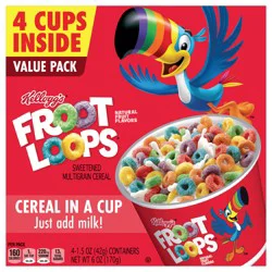 Kellogg's Froot Loops Breakfast Cereal Cup, Fruit Flavored, Breakfast Snacks with Vitamin C, Value Pack, Original, 6oz Box (4 Cups)