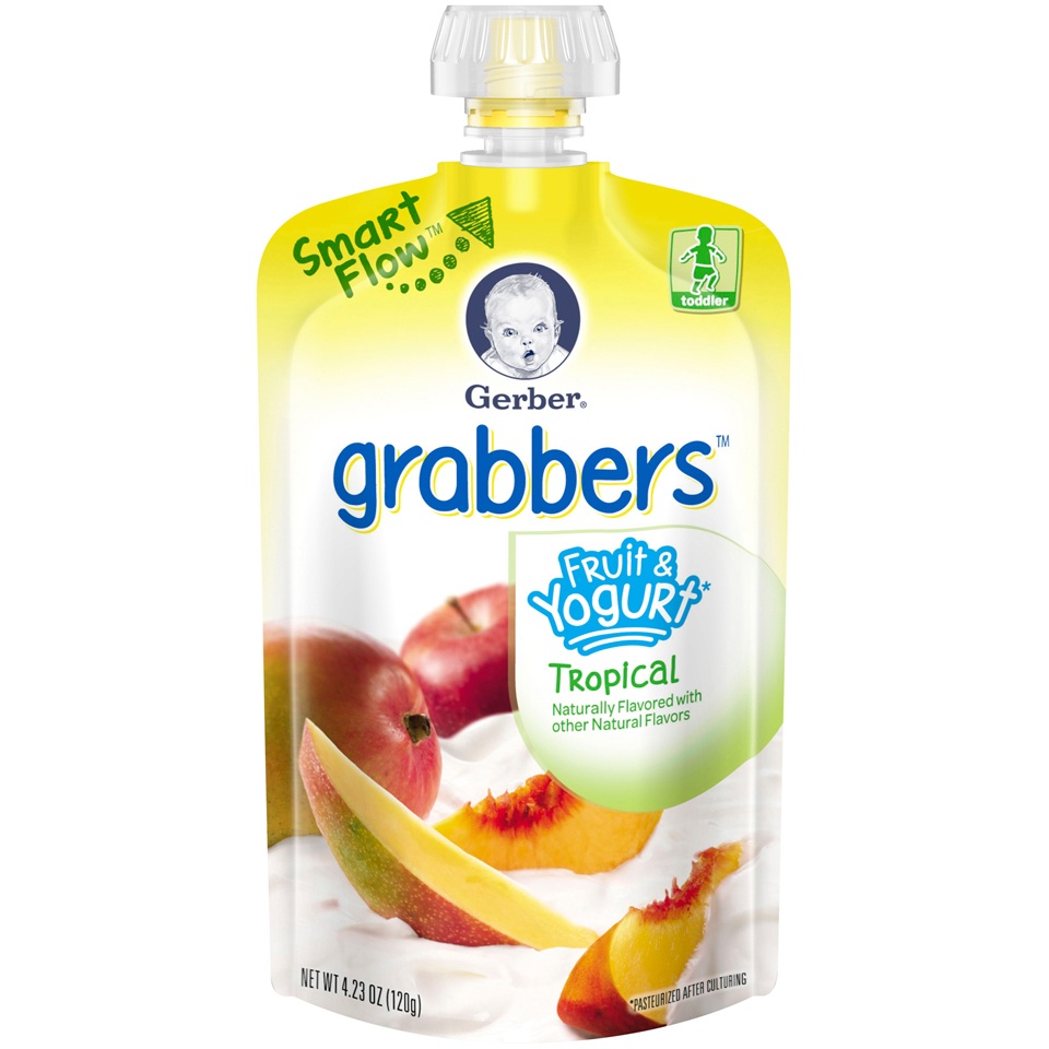 slide 1 of 1, Gerber Grabbers Fruit & Yogurt Squeezable Puree Pouch Tropical, 4.23 oz