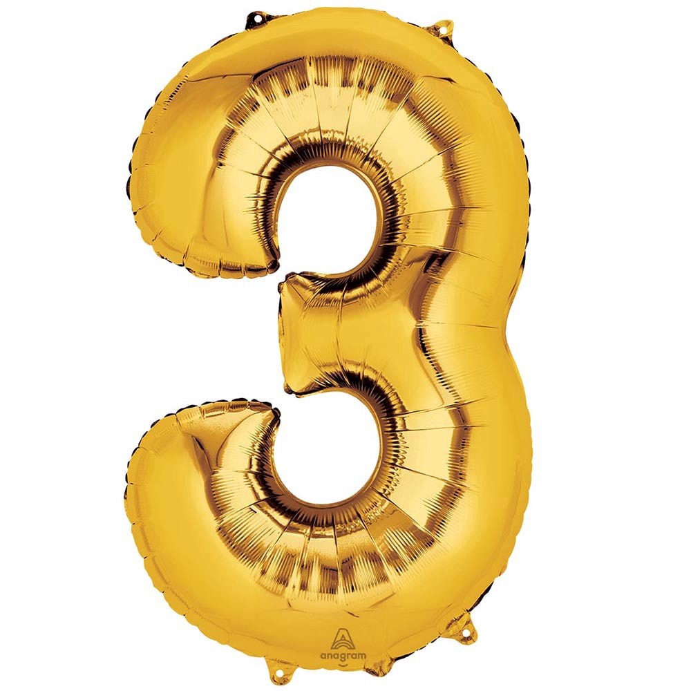 slide 1 of 1, Gold Number 3 Helium Filled Balloon - 34 Inches Big, 1 ct