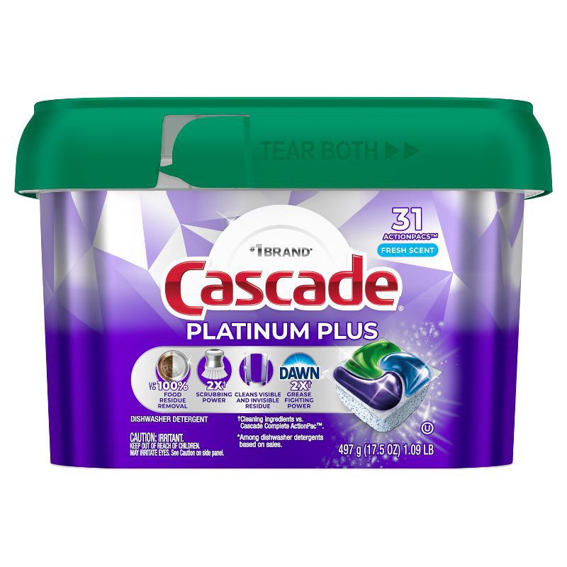 slide 6 of 9, Cascade Platinum Plus Dishwasher Pods, Dishwasher Detergent, Dish Detergent Soap, Fresh, 31 Count, 31 ct