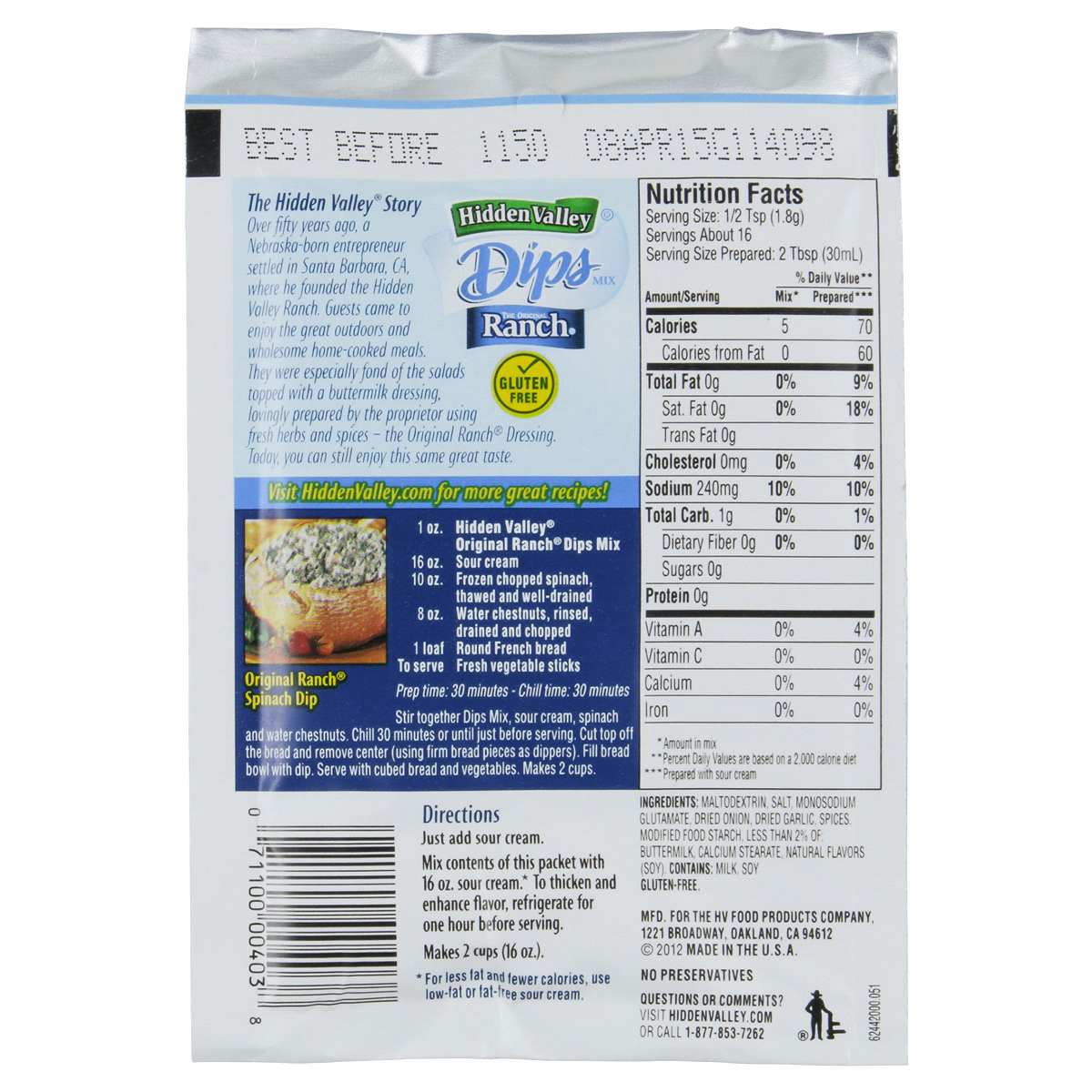 Hidden Valley Original Ranch Dips Mix Packet 1 oz Shipt