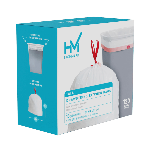 slide 4 of 8, Highmark 0.9-Mil Drawstring Trash Bags White, 120 ct; 13 gal