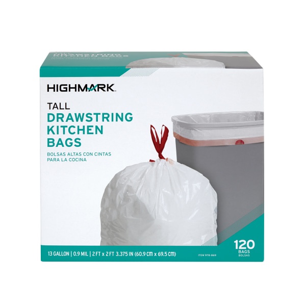 slide 1 of 1, Highmark 0.9-Mil Drawstring Trash Bags, 13 Gallons, White, Box Of 120, 120 ct