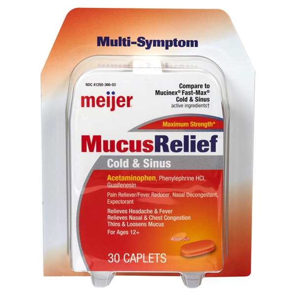 slide 1 of 1, Meijer Mucus Relief Cold and Sinus Caplets, 30 ct