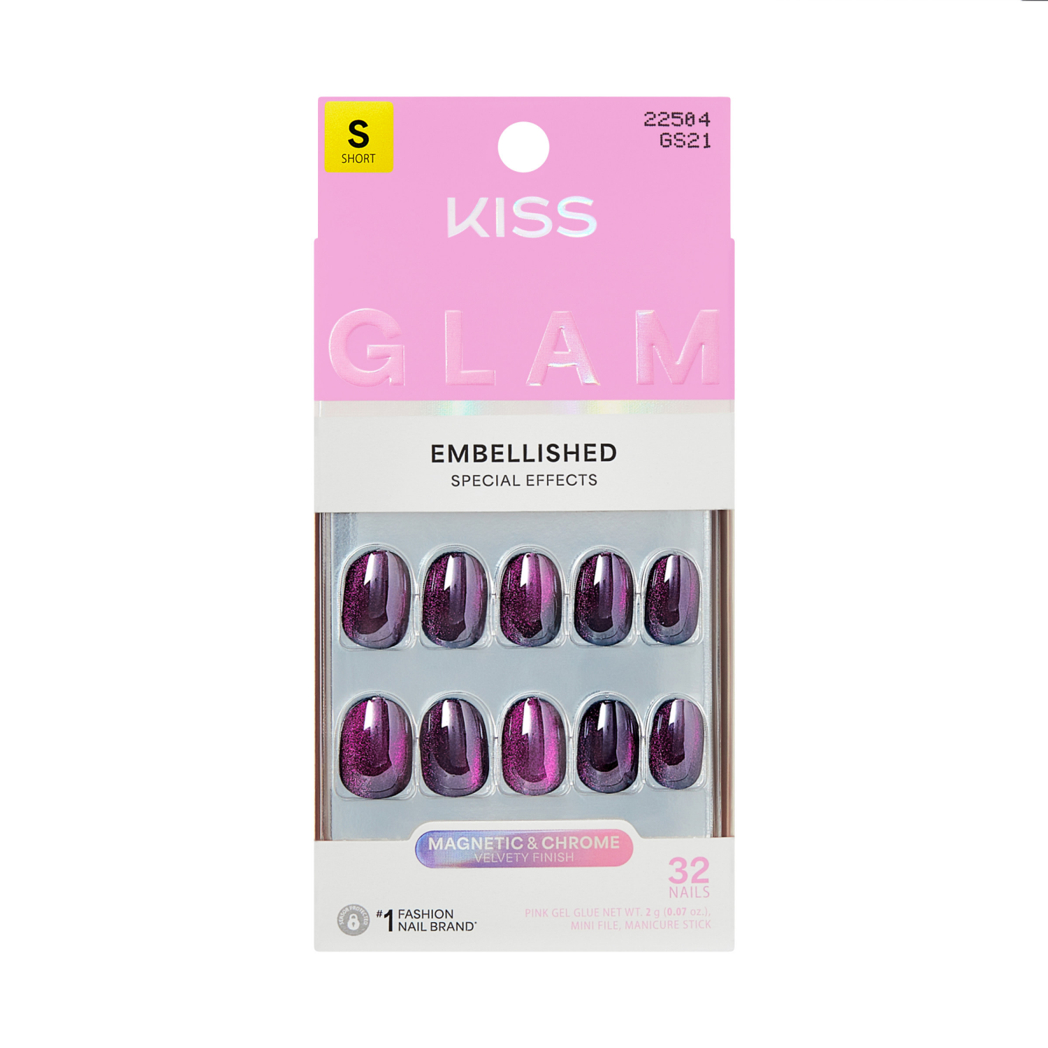 slide 1 of 4, Kiss Glam Embellished Press On Nails, Simple Joys, Purple, Short Round, 32 Count, 32 ct