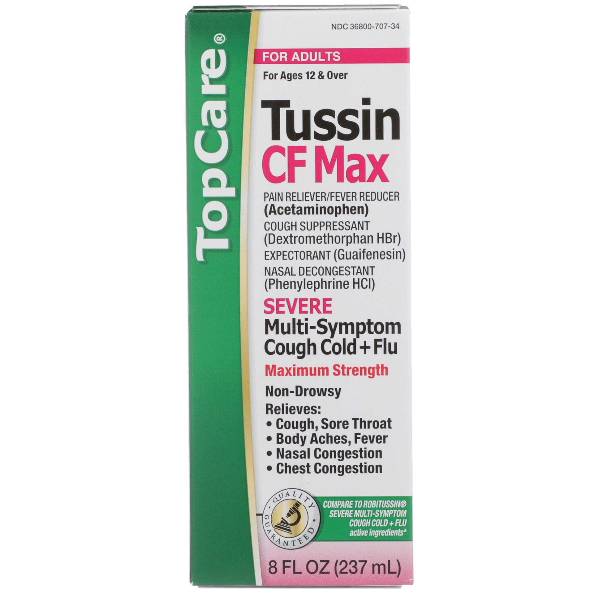 slide 1 of 6, TopCare Tussin CF, Multi-Symptom Cough, Cold & Flu, Adult, 8 oz