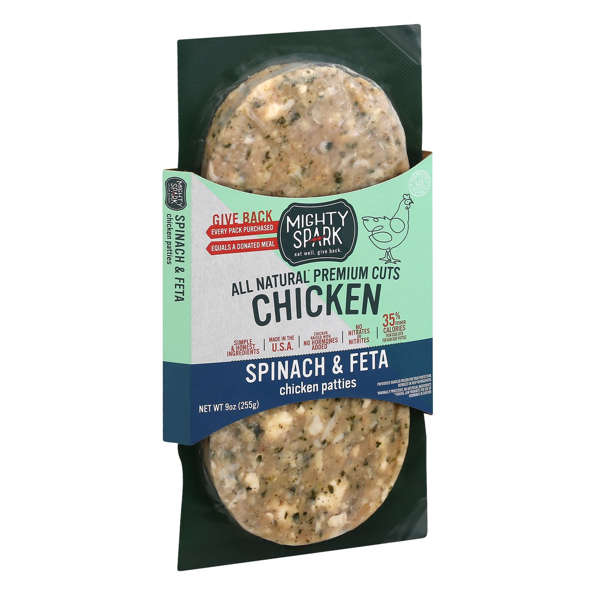 slide 2 of 9, Mighty Spark Spinach & Feta Chicken Patties 9 oz, 9 oz