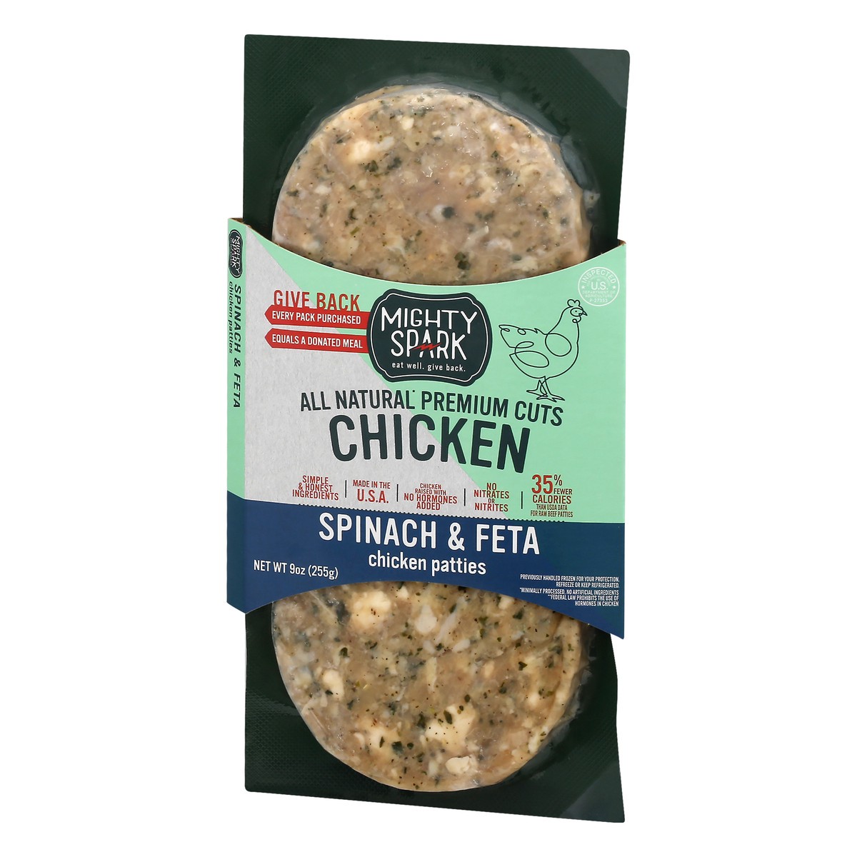 slide 3 of 9, Mighty Spark Spinach & Feta Chicken Patties 9 oz, 9 oz