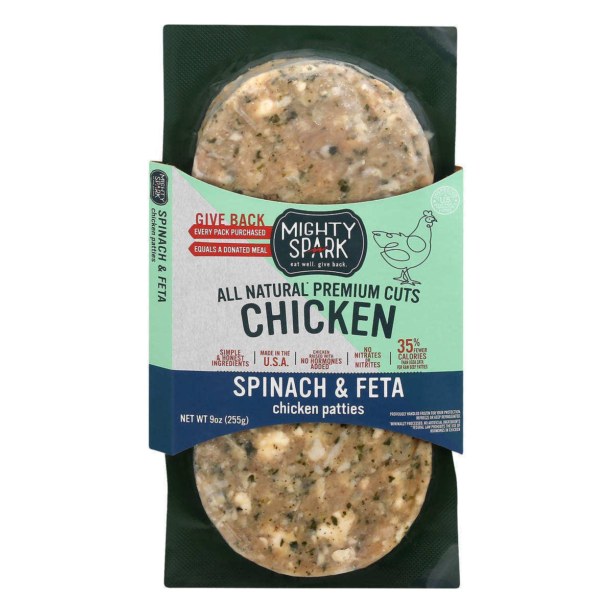 slide 1 of 9, Mighty Spark Spinach & Feta Chicken Patties 9 oz, 9 oz