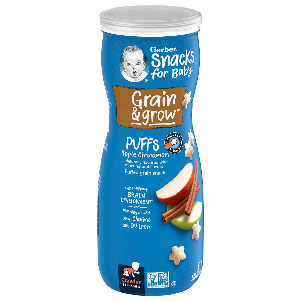 slide 2 of 9, Gerber Snacks for Baby Grain & Grow Puffs, Apple Cinnamon, 1.48 oz Canister, 1.48 oz