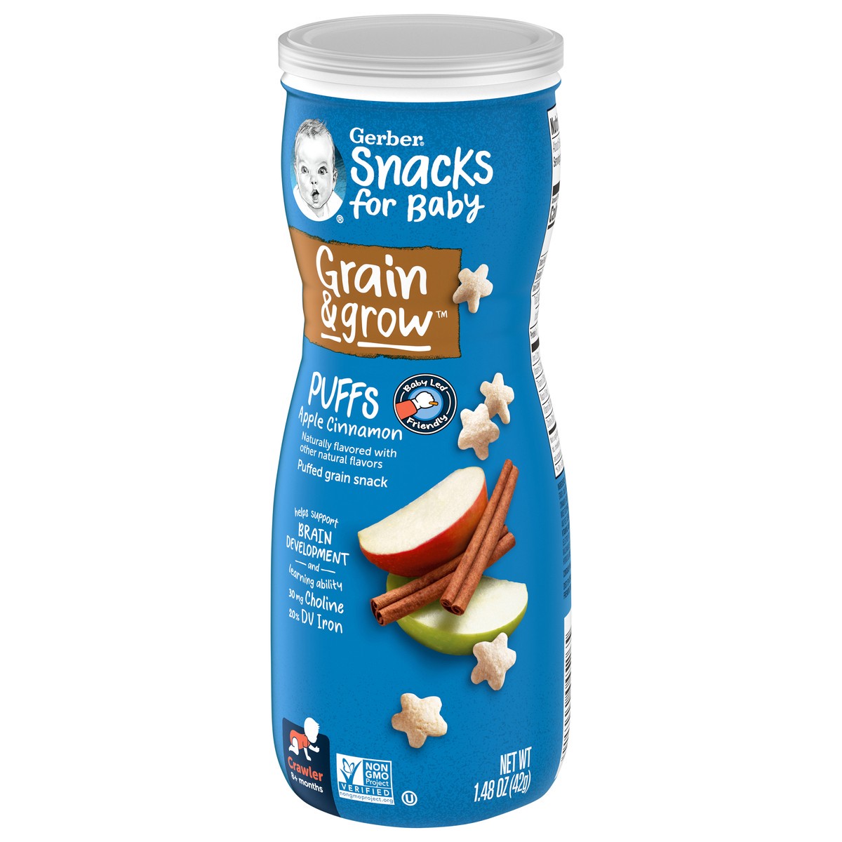 slide 3 of 9, Gerber Snacks for Baby Grain & Grow Puffs, Apple Cinnamon, 1.48 oz Canister, 1.48 oz