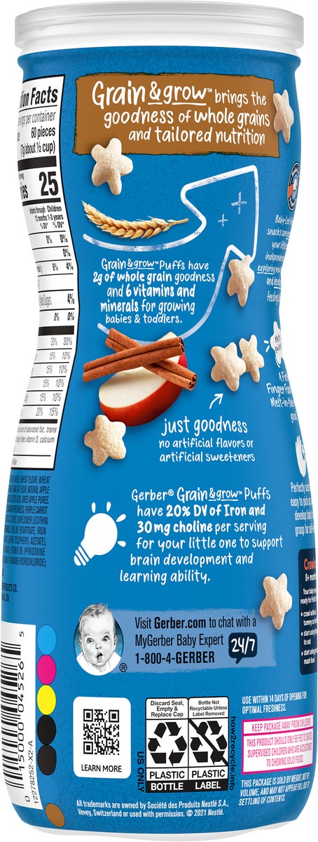 slide 5 of 9, Gerber Snacks for Baby Grain & Grow Puffs, Apple Cinnamon, 1.48 oz Canister, 1.48 oz