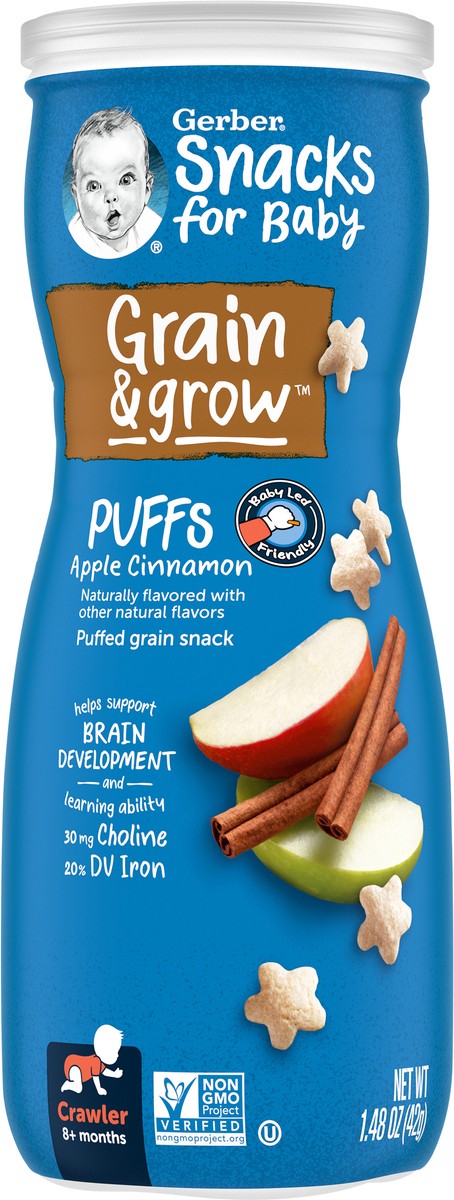 slide 6 of 9, Gerber Snacks for Baby Grain & Grow Puffs, Apple Cinnamon, 1.48 oz Canister, 1.48 oz