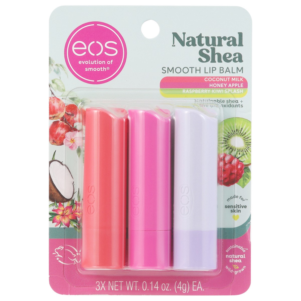 slide 1 of 13, eos Natural Shea Smooth Coconut Milk/Honey Apple/Raspberry Kiwi Splash Lip Balm 3 - 0.14 oz Tubes, 3 ct