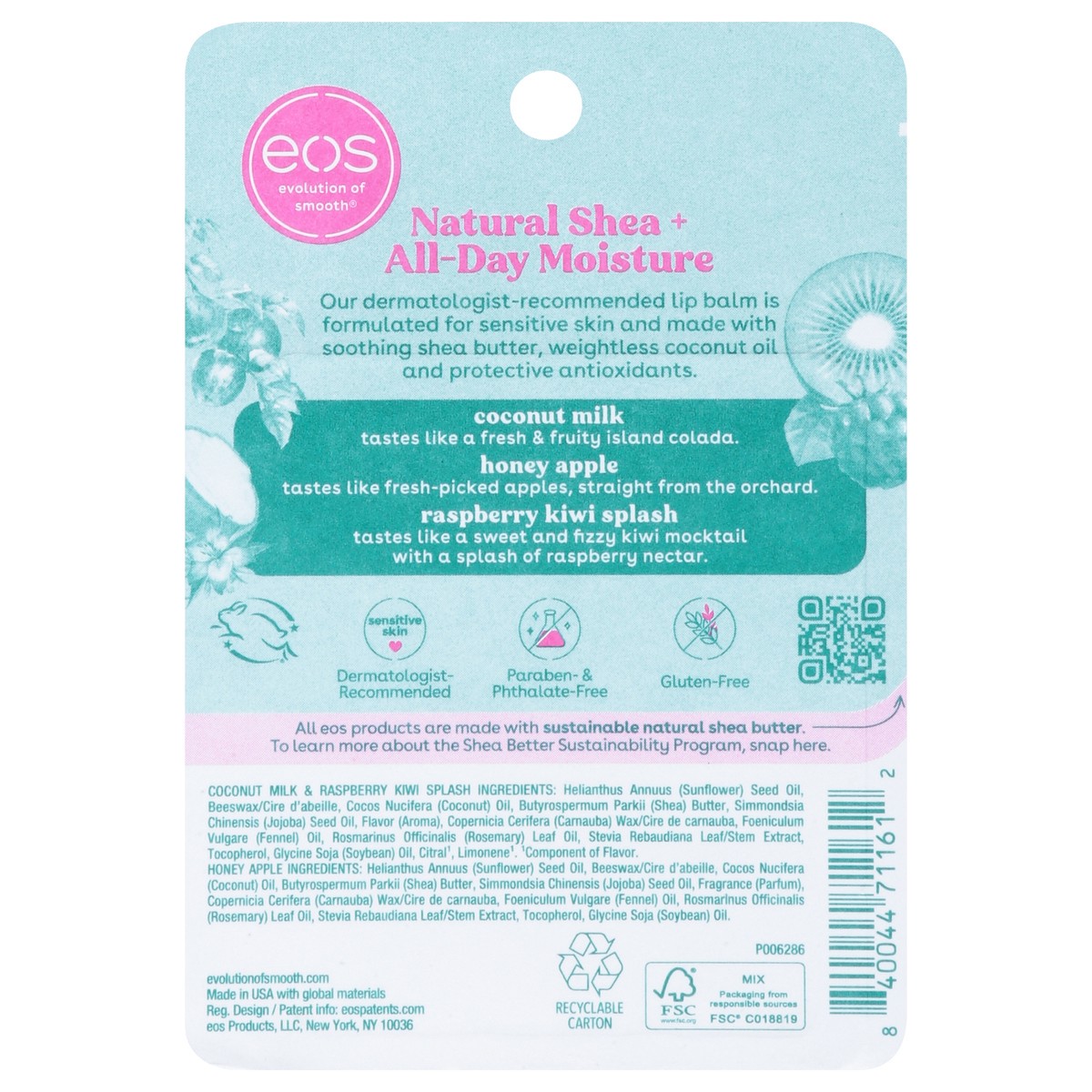 slide 10 of 13, eos Natural Shea Smooth Coconut Milk/Honey Apple/Raspberry Kiwi Splash Lip Balm 3 - 0.14 oz Tubes, 3 ct