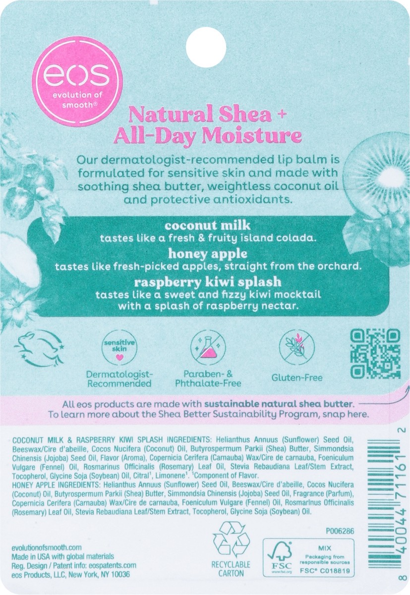 slide 5 of 13, eos Natural Shea Smooth Coconut Milk/Honey Apple/Raspberry Kiwi Splash Lip Balm 3 - 0.14 oz Tubes, 3 ct