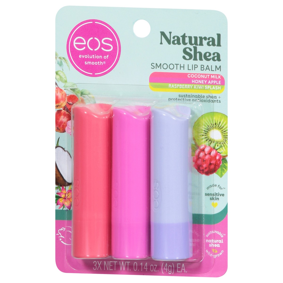 slide 7 of 13, eos Natural Shea Smooth Coconut Milk/Honey Apple/Raspberry Kiwi Splash Lip Balm 3 - 0.14 oz Tubes, 3 ct