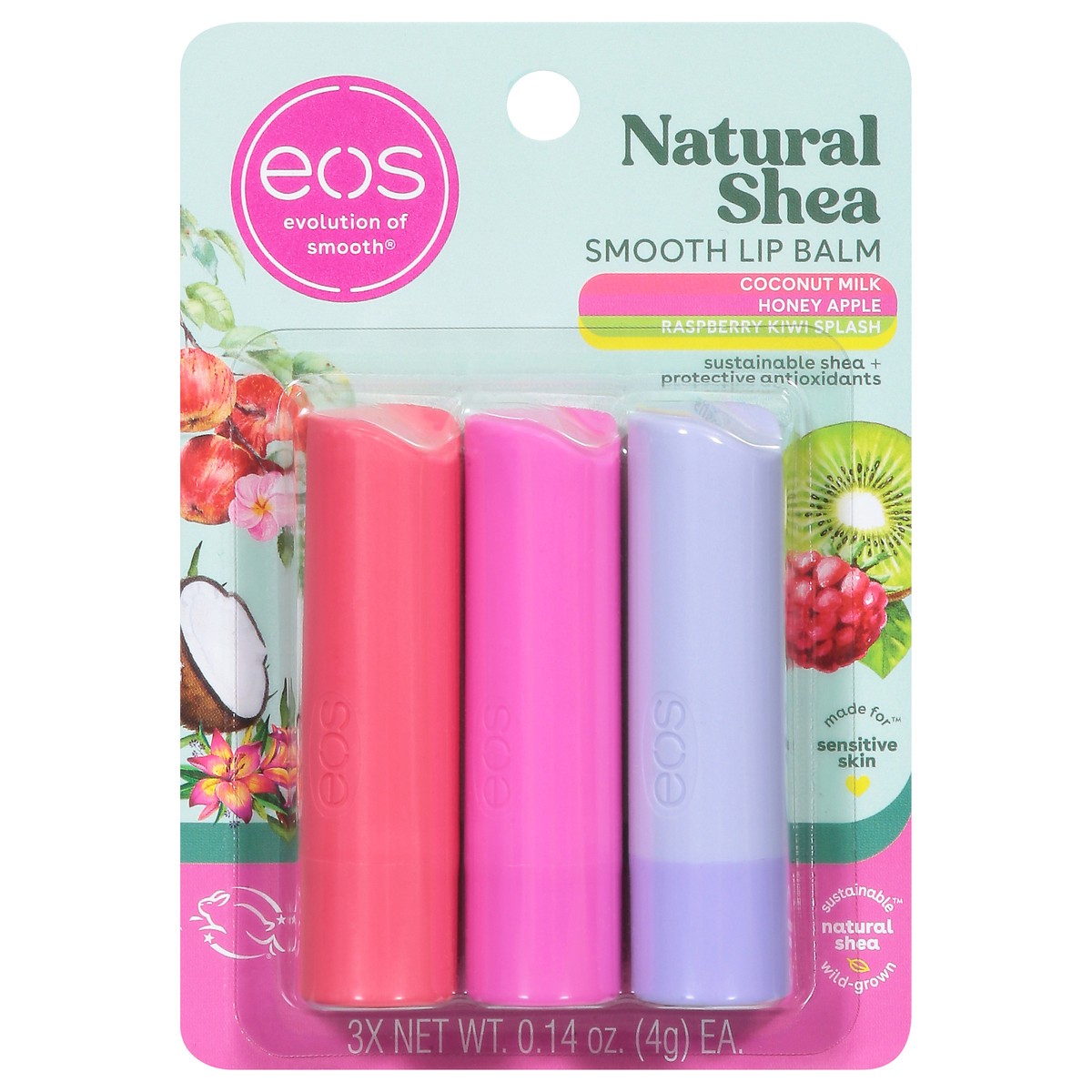 slide 4 of 13, eos Natural Shea Smooth Coconut Milk/Honey Apple/Raspberry Kiwi Splash Lip Balm 3 - 0.14 oz Tubes, 3 ct