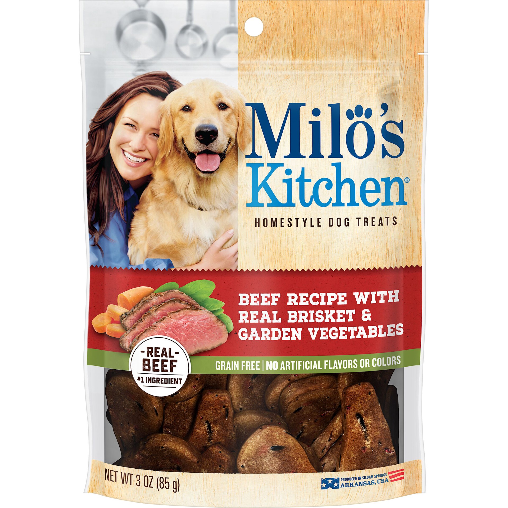 slide 1 of 4, Milo's Kitchen Homestyle Dog Treats, Beef Recipe With Real Brisket & Garden Vegetables, 3-Ounce Bag, 3 oz