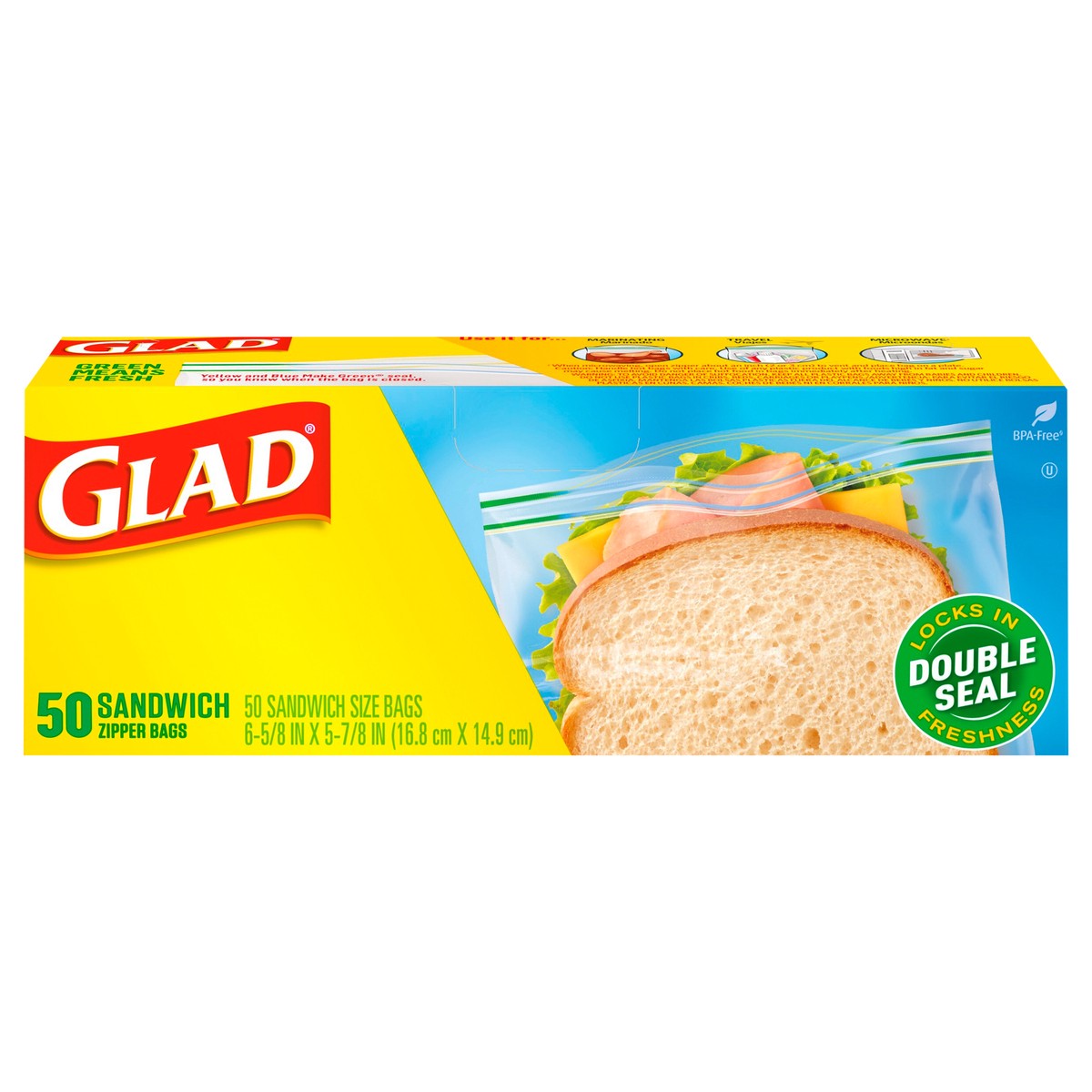 slide 1 of 1, Glad Double Seal Sandwich Zipper Bags 50 ea, 50 ct