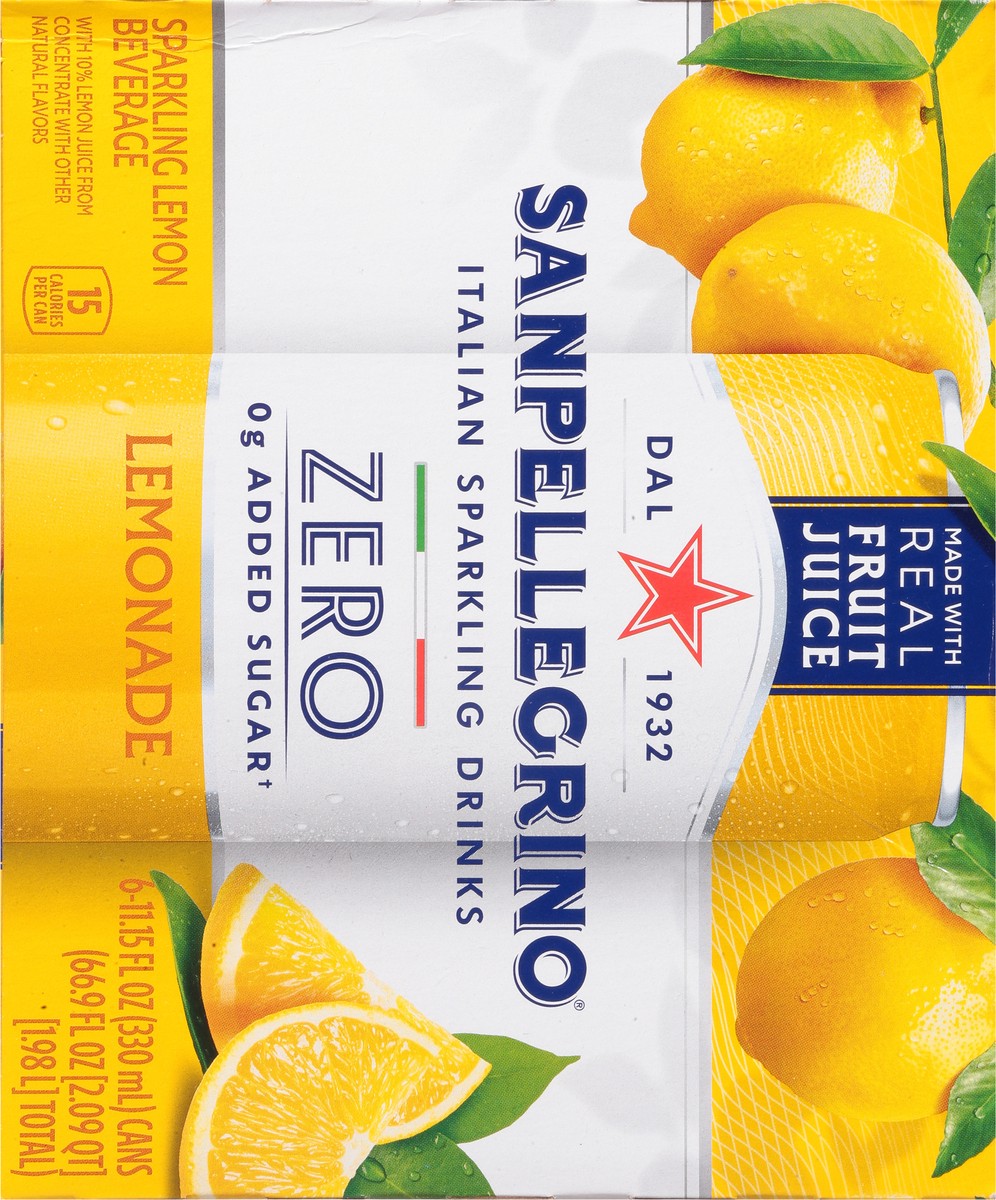 slide 15 of 16, SanPellegrino Zero Grams Added Sugar Italian Sparkling Drinks Lemonade, Sparkling Lemon Beverage, 6 Pack of 11.15 Fl Oz Cans, 
