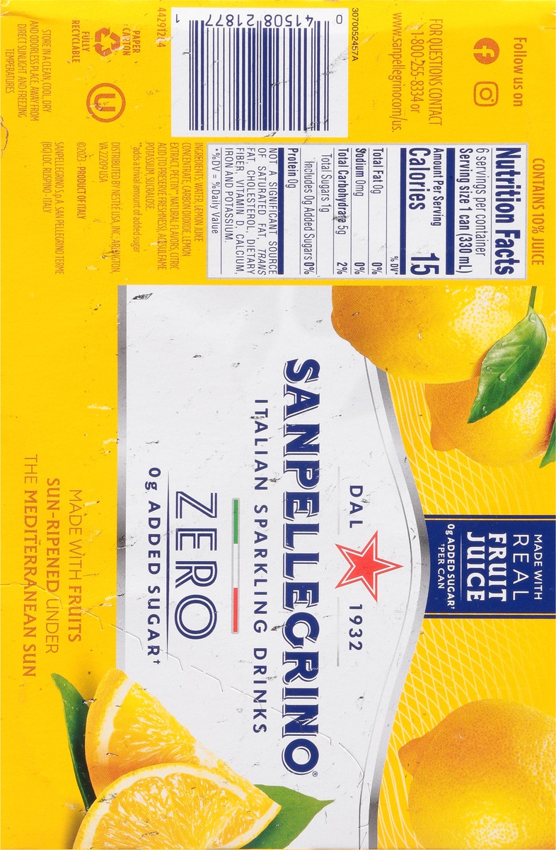 slide 8 of 16, SanPellegrino Zero Grams Added Sugar Italian Sparkling Drinks Lemonade, Sparkling Lemon Beverage, 6 Pack of 11.15 Fl Oz Cans, 