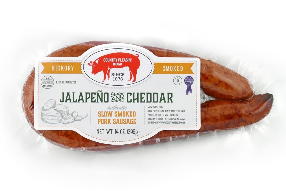 slide 1 of 1, Country Pleasin' Jalapeno & Cheese Smoked Sausage, 14 oz