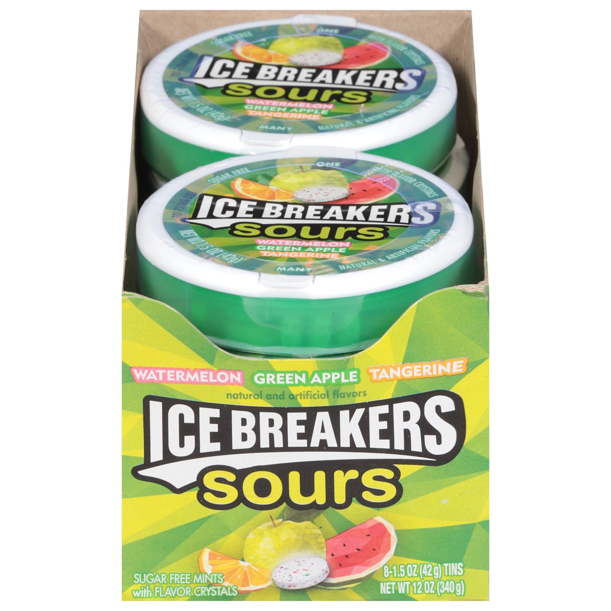 slide 1 of 8, Ice Breakers Sours Sugarfree Watermelon, Green Apple, Tangerine Mints 8 - 1.5 oz Tins, 8 ct