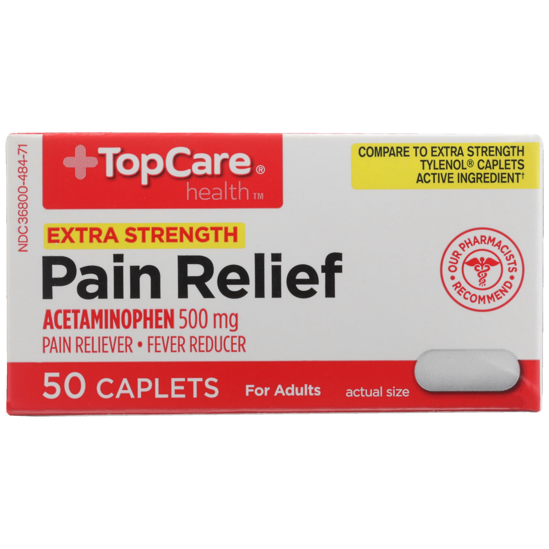 slide 6 of 6, TopCare Extra Strength Pain Relief Acetaminophen, 50 ct; 500 mg