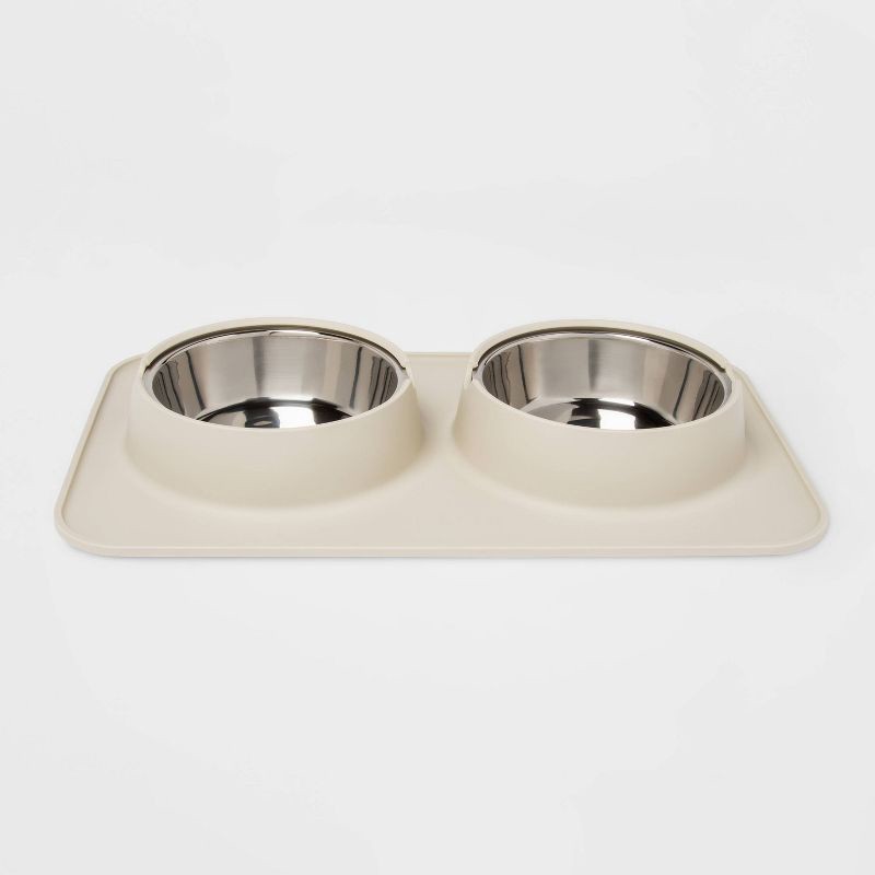 slide 1 of 3, Silicone Pet Mat + Stainless Steel Double Diner - 3.5 Cups - Boots & Barkley™, 1 ct