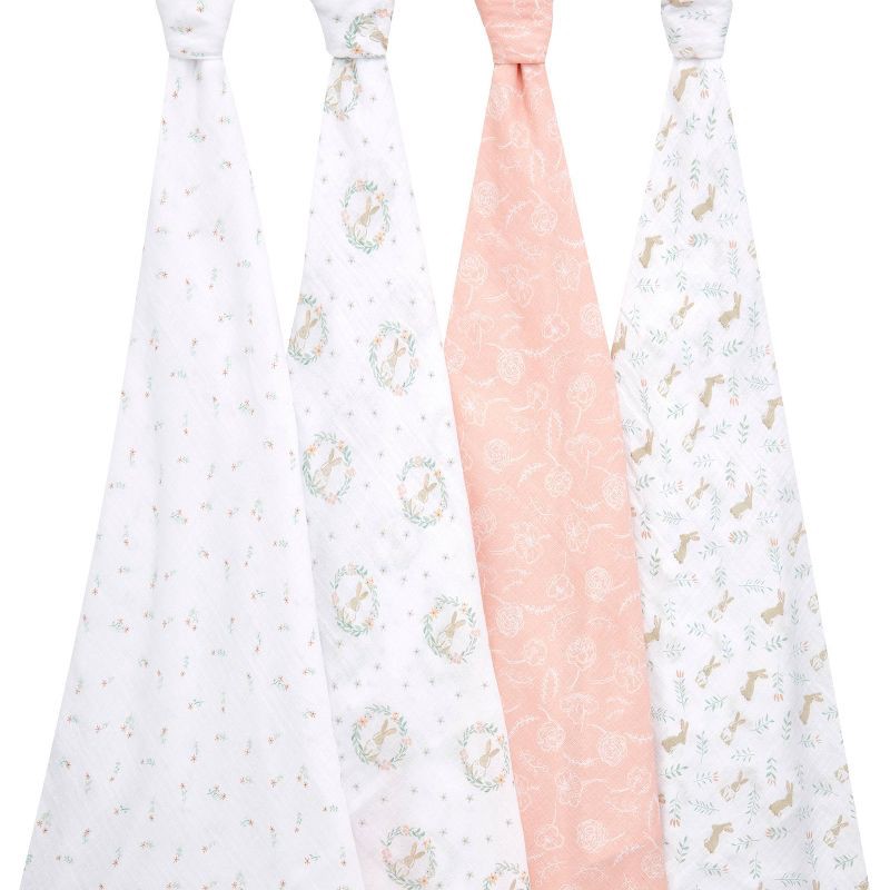 slide 3 of 4, aden + anais essentials 4pk Cotton Muslin Swaddle Blankets - Blushing Bunnies, 1 ct
