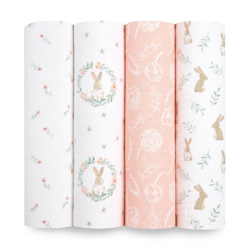 slide 1 of 4, aden + anais essentials 4pk Cotton Muslin Swaddle Blankets - Blushing Bunnies, 1 ct