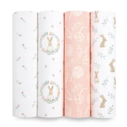 aden + anais essentials 4pk Cotton Muslin Swaddle Blankets - Blushing Bunnies: Animal Pattern, 44x44 Inches, 100% Cotton