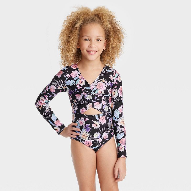 Girls Floral Printed Tropical Daydream Swimsuit art class Black