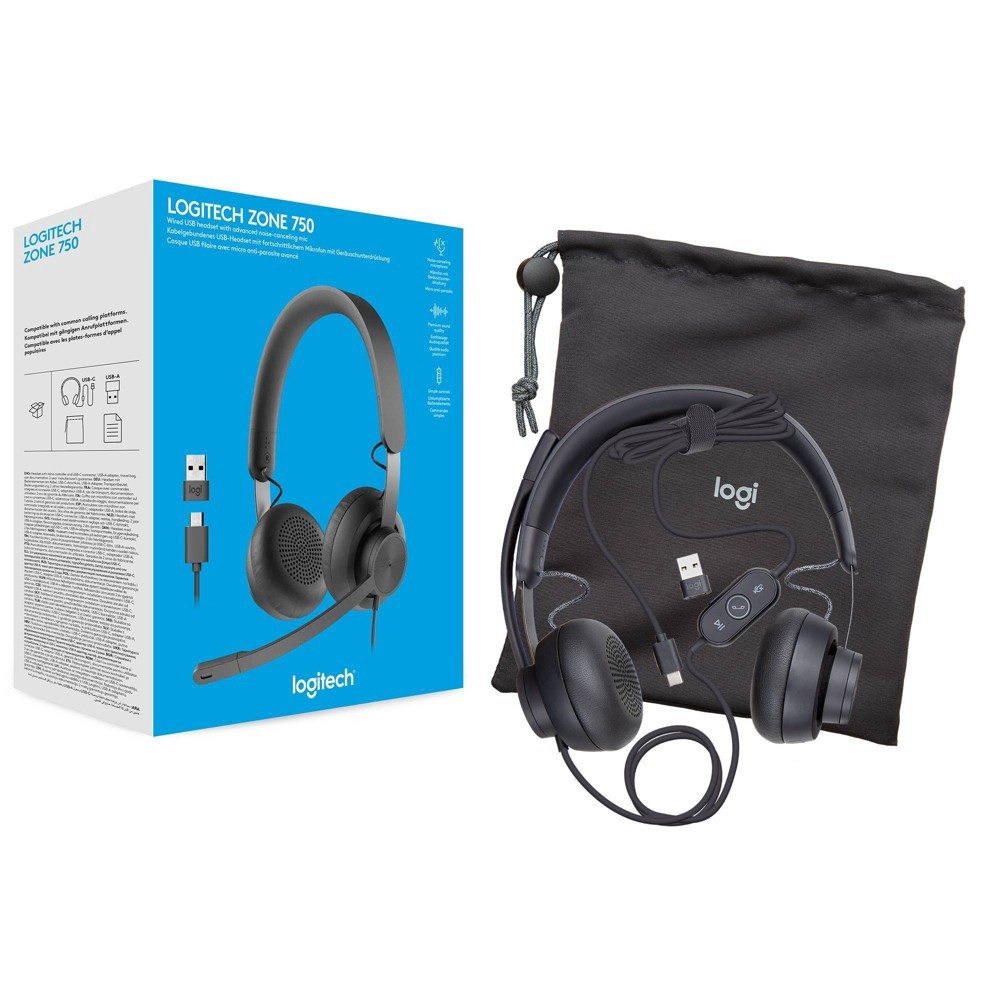 slide 2 of 7, Logitech Zone 750 Wired Noise-Cancelling Headset - Black, 1 ct