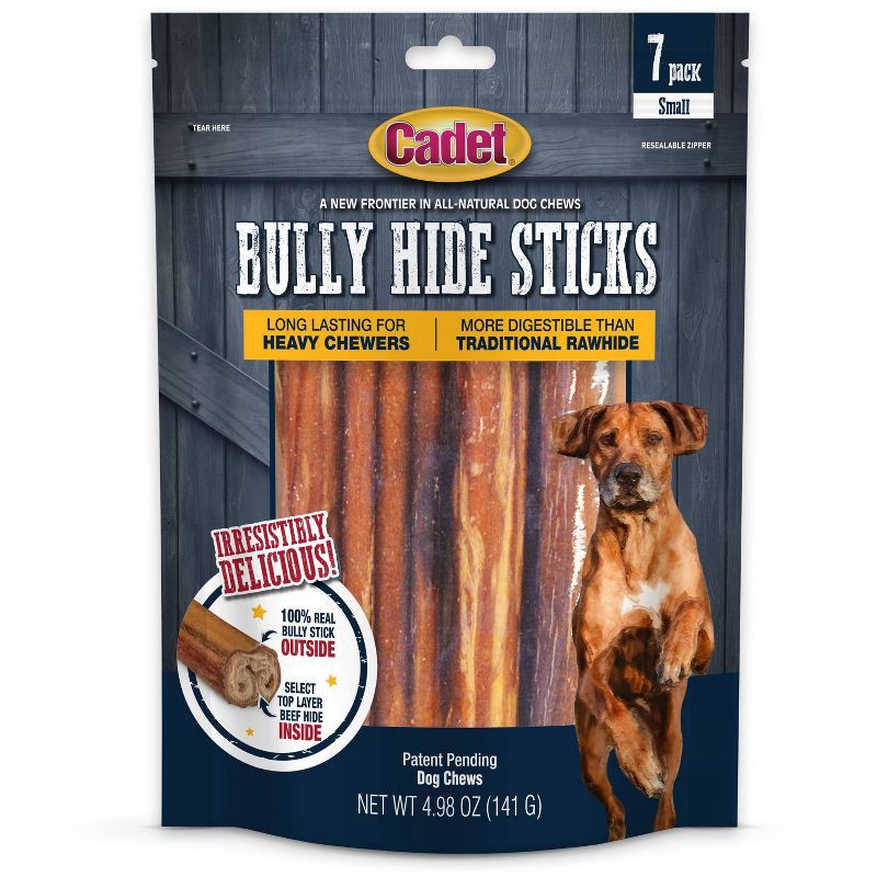 slide 1 of 5, Cadet Bully Hide Sticks Beef Flavor Rawhide Dog Treats - S - 4.98oz/7ct, 4.98 oz, 7 ct