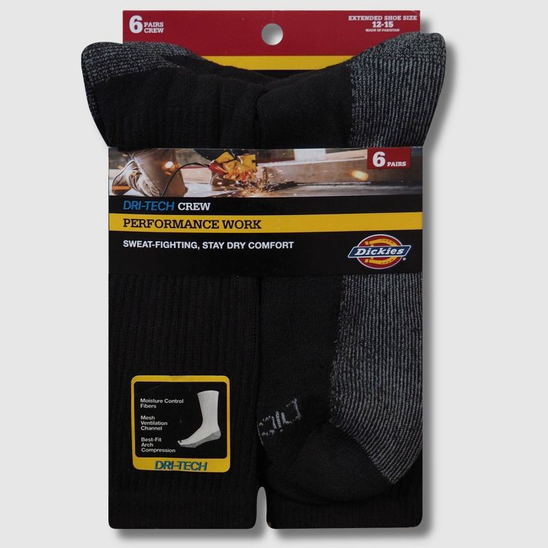 slide 3 of 5, Dickies Men's 6pk Moisture Control Crew Socks - Black 12-14: Midweight Cotton Blend, Tagless, Machine Washable, Size 12-14, 6 ct